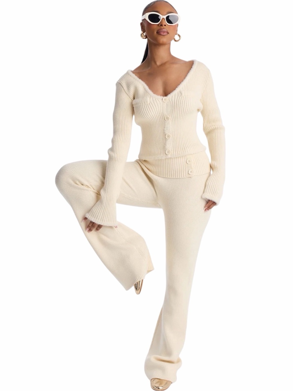 Fashion Nova So Sweet Cream Fold-Over Flare Pants Set Women’s Small
